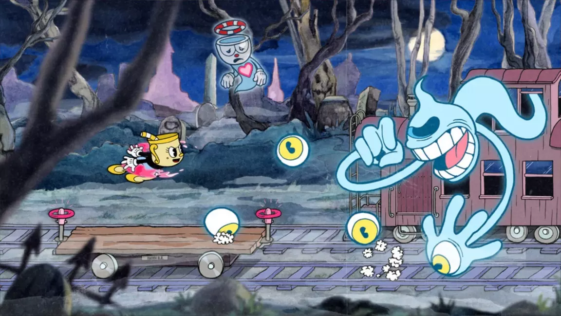 Screenshot of Cuphead in action alongside with Ms. Chalice