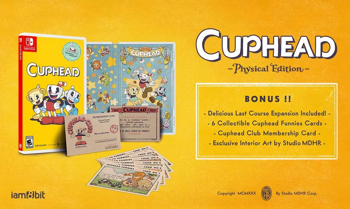 standard edition for Cuphead. For the nintendo switch. Shows Bonus items such as the physical game, collectible cards, membership card, and DLC.